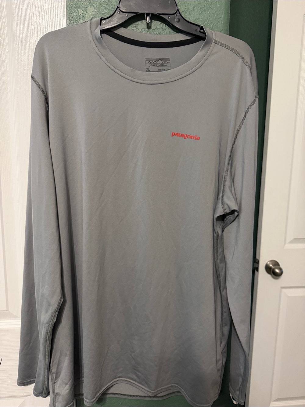 Patagonia Light Gray Long-Sleeve Performance Tee with Red Logo